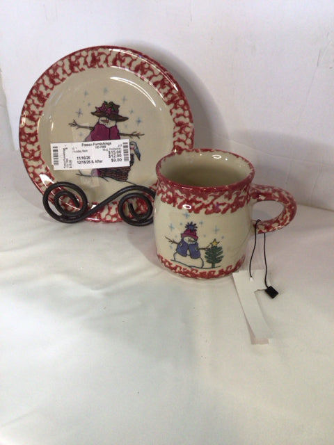 Mug Red/white Ceramic W/Plate Snowman Holiday Item