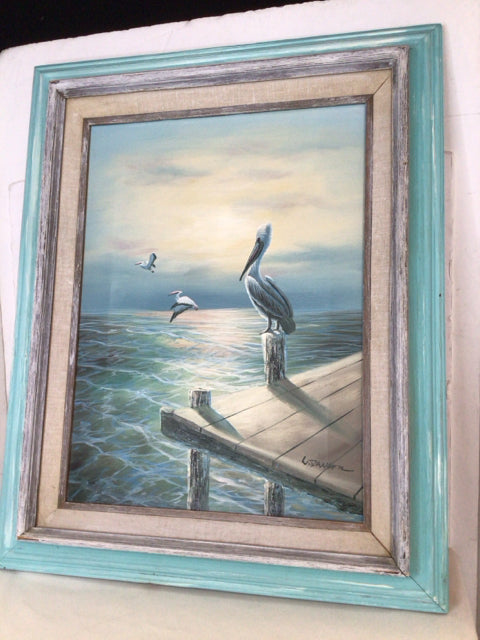 Signed Nautical Turquoise & White Oil painting Ocean Scape Pelican Framed Art