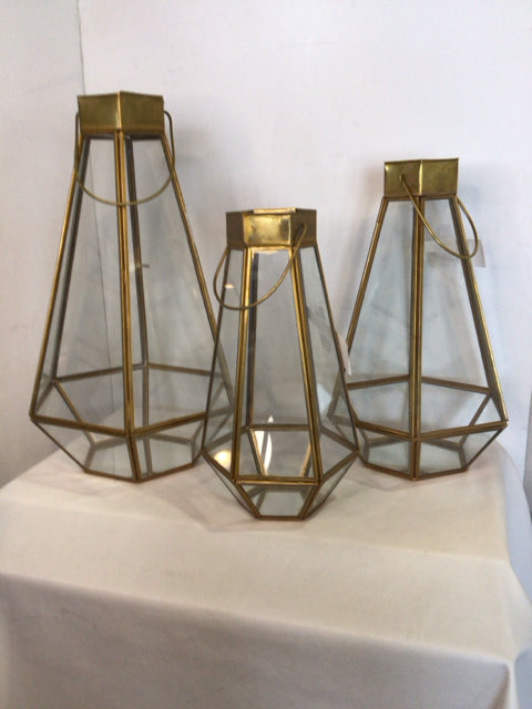 Set of 3 Clear/Gold Glass Lantern