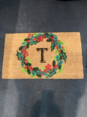 Door Mat Brown/Green Wreath Monongrammed Holiday Item