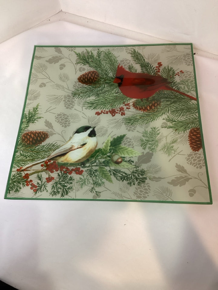 Tray White/Green Birds Holiday Item