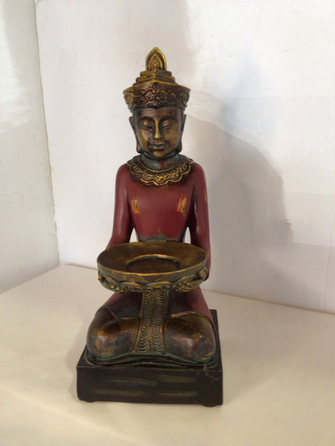 Vintage Red/Gold Resin Distressed Buddha Candle Holder