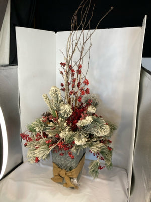 Faux Basket Green/Red Pine Berry Holiday Item