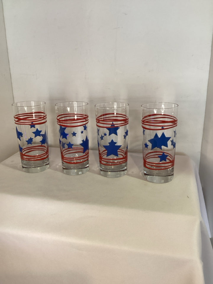 Set of 4 Red/Blue Glass 4th of July Glasses