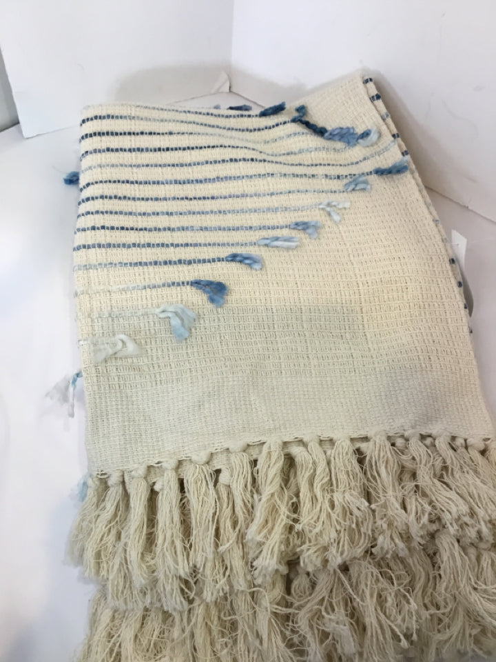 Cream/Blue Cotton Fringe Blanket