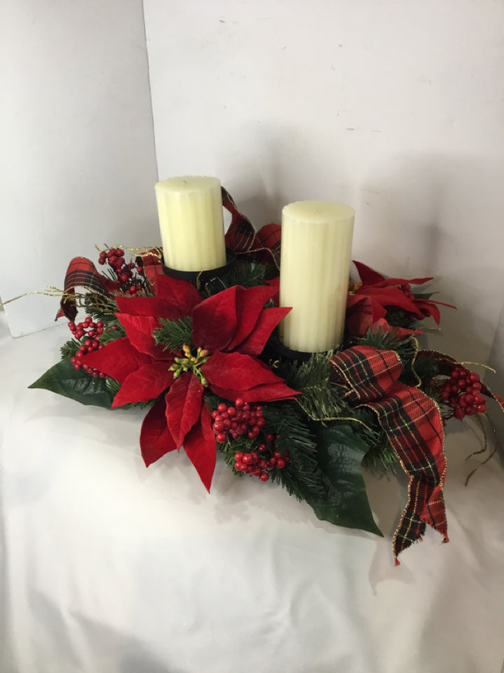 Centerpiece Green/Red Ribbon Poinsettia w/Candle Holiday Item