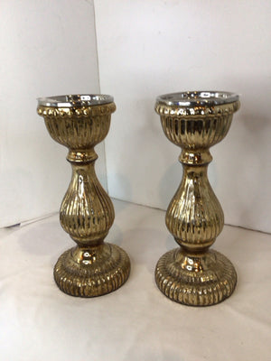 Gold Glass Ribbed Pair Candle Holder