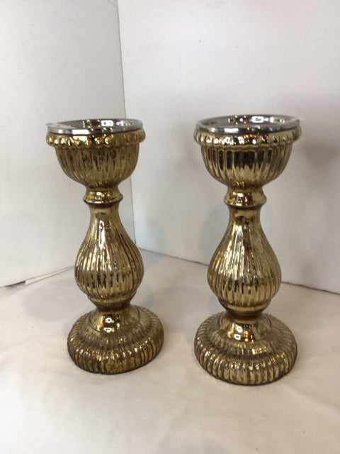 Gold Glass Ribbed Pair Candle Holder