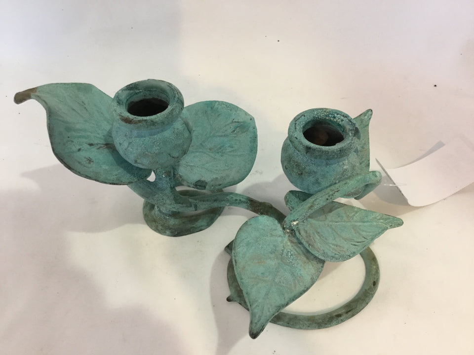 Vintage Blue Cast Iron Double Leaves Candle Holder