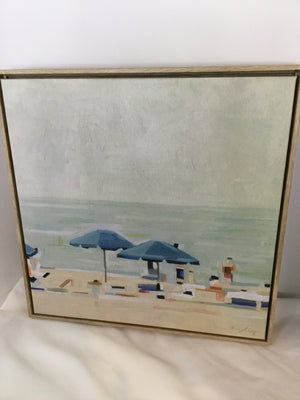 Tan/Blue Beach Umbrella Framed Art