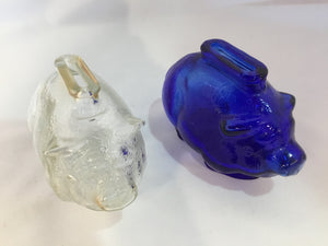 Vintage Pair Blue/Clear Glass Pig Bank