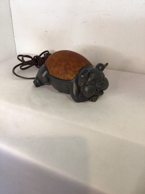 Night Light Gold/Black Glass/Metal Pig Lamp