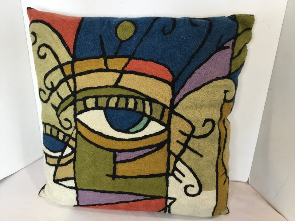 Multi-Color Cotton Embroidered Abstract Face Pillow