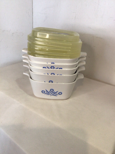 Corningware Set of 5 White/Blue Glass Flowers Dish