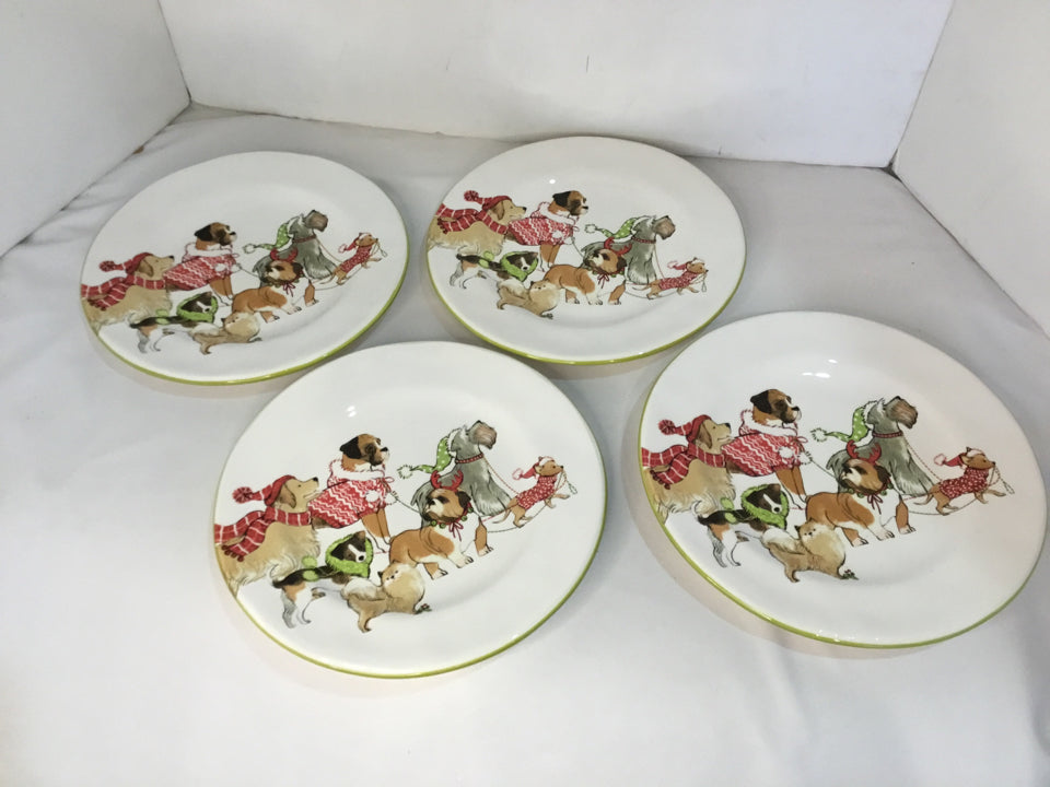 PIER 1 Plate set White/Green Dogs Set of 8 Holiday Item