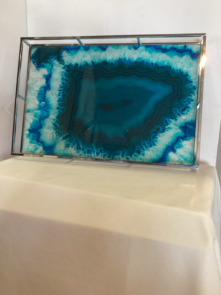 Modern Blue/White Glass/Metal Tray