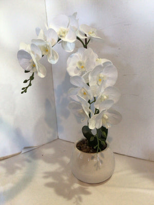 Green/White Orchids In Planter Faux Flowers
