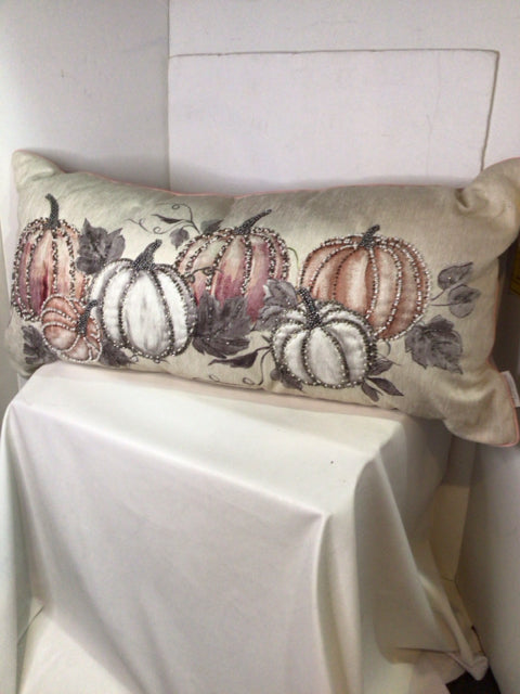 Fall Gray/Multi Cotton Pumpkin Beaded Pillow