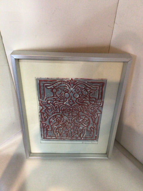 Signed Red/Gray Batik Framed Art
