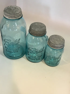 Ball Vintage Lidded Blue Glass Set of 3 Jar