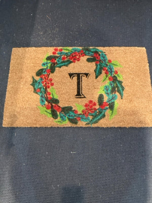 Door Mat Brown/Green Wreath Monongrammed Holiday Item