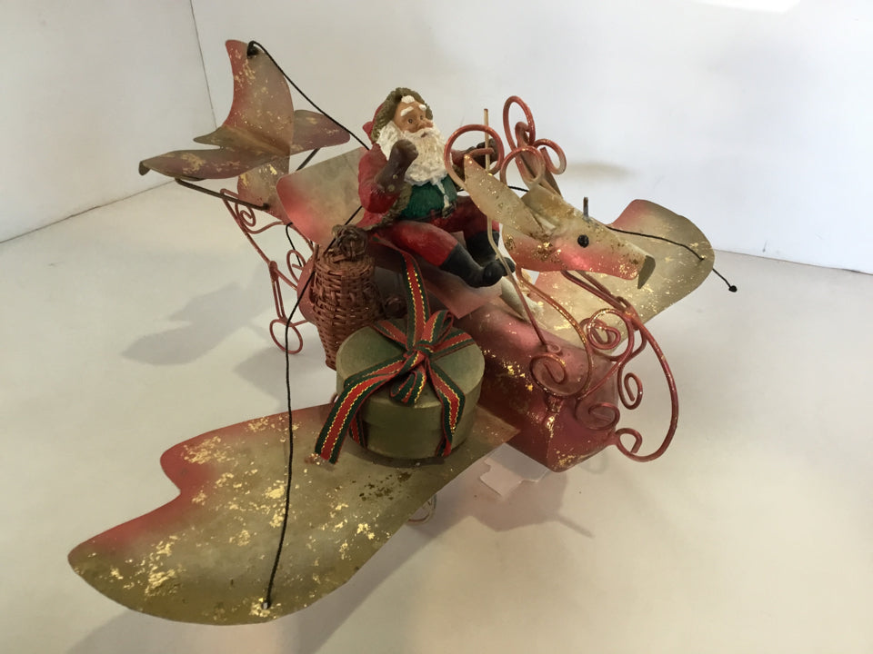 Whimsical Tan/Red Metal Plane Santa Holiday Item