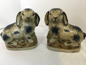 Pair Tan/Blue Ceramic Rabbit Book Ends