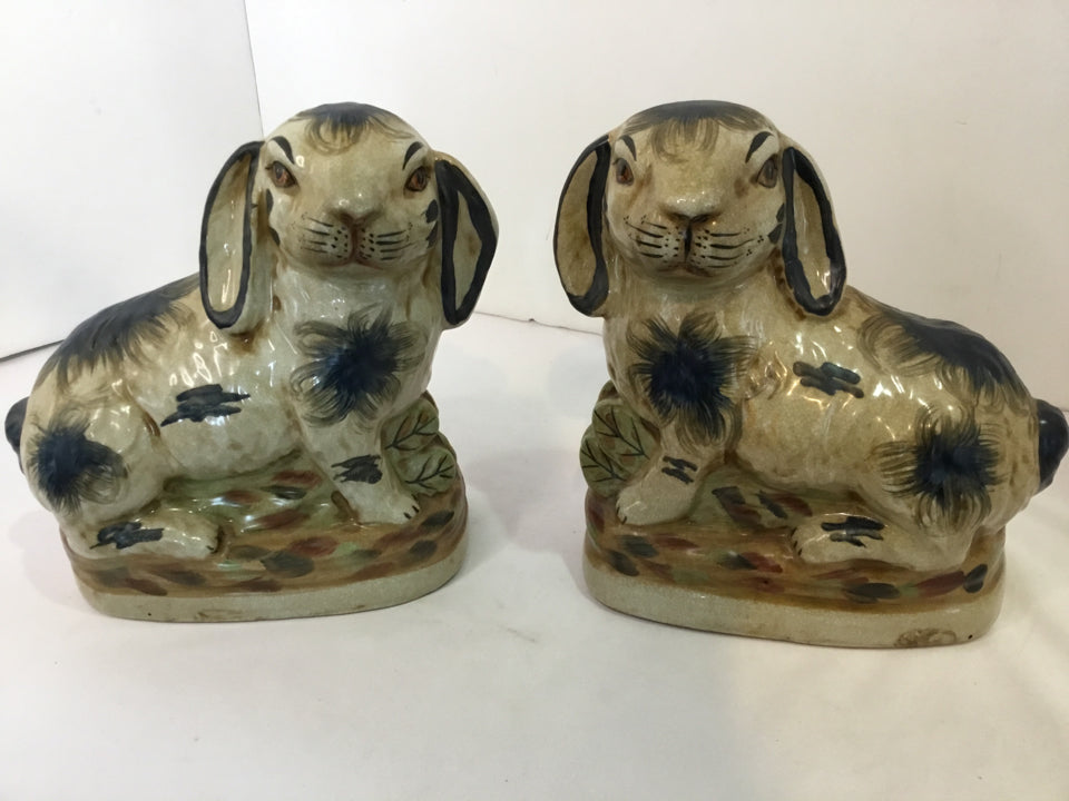 Pair Tan/Blue Ceramic Rabbit Book Ends