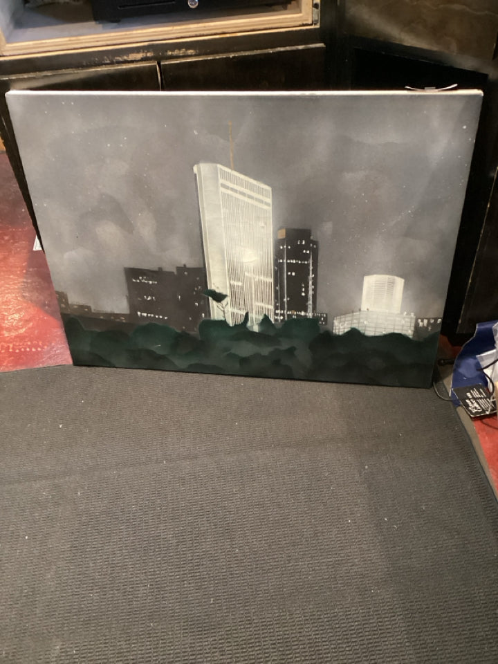 Signed Gray/White Skyline Stretch Canvas Art