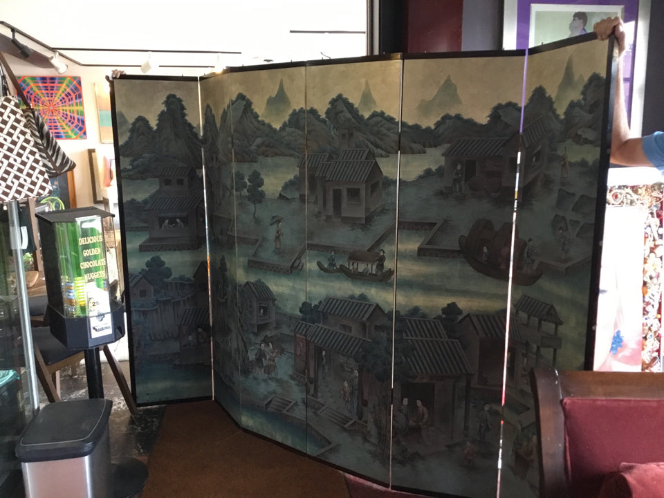 Oriental Wood People 7 Panel Blue/Black Screen
