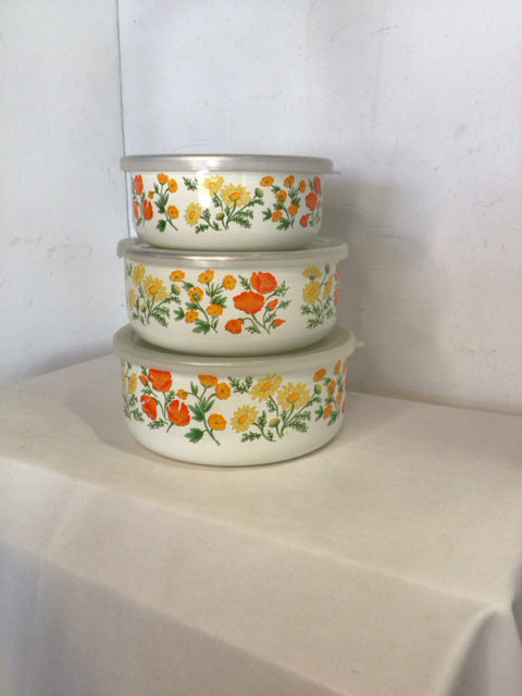 Vintage Set of 3 Multi Enamelware Floral Bowl Set