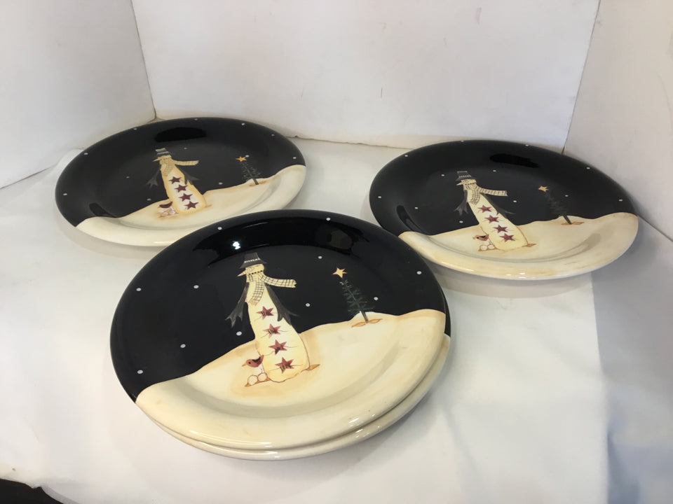 Certified Int. Plate set White/Black Ceramic Snowman Set of 4 Holiday Item