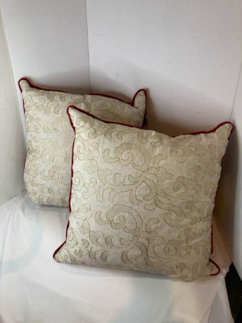 Rodeo Home Pair Red/Gold Velvet Embroidered Scroll Down Filled Pillow Set