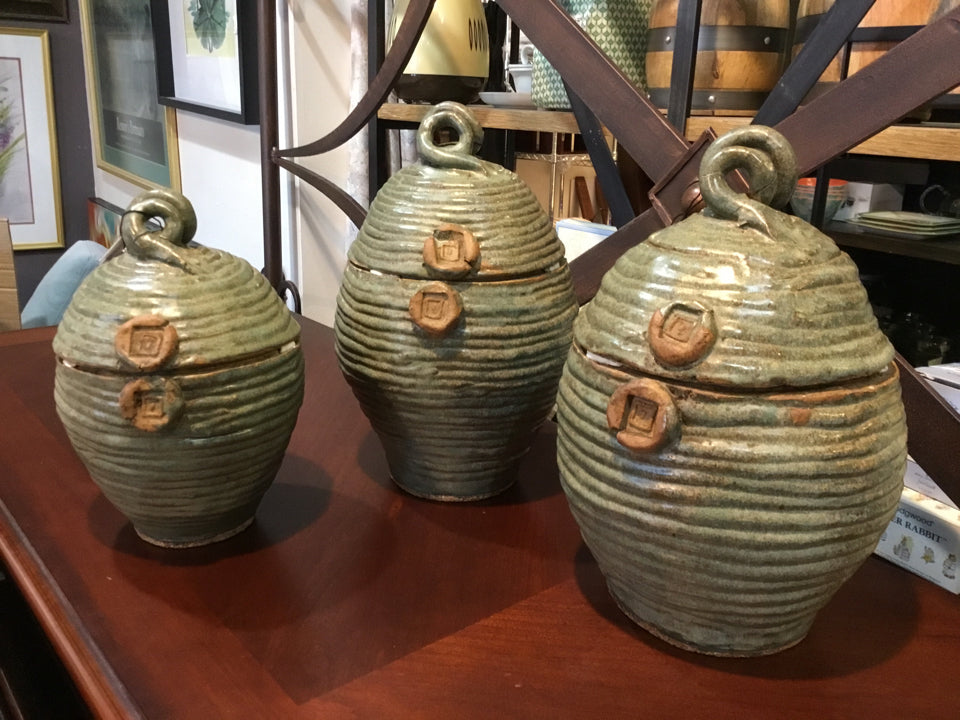 Vintage Set of 3 Green Pottery Canister Set
