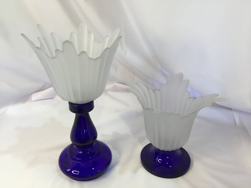 Vase Blue/White Glass Pair Candle Holders