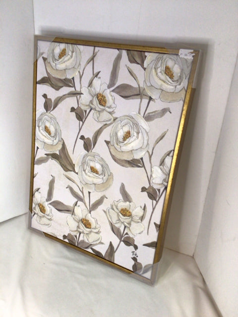 White/Brown Canvas Flowers Framed Art
