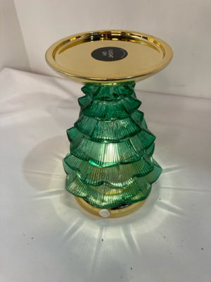 Bath & Body Works Candle Holder Green/Gold Glass Christmas Tree Holiday Item