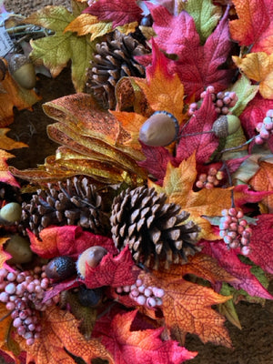 Wreath Brown/Orange Silk Leaves Pinecone Holiday Item