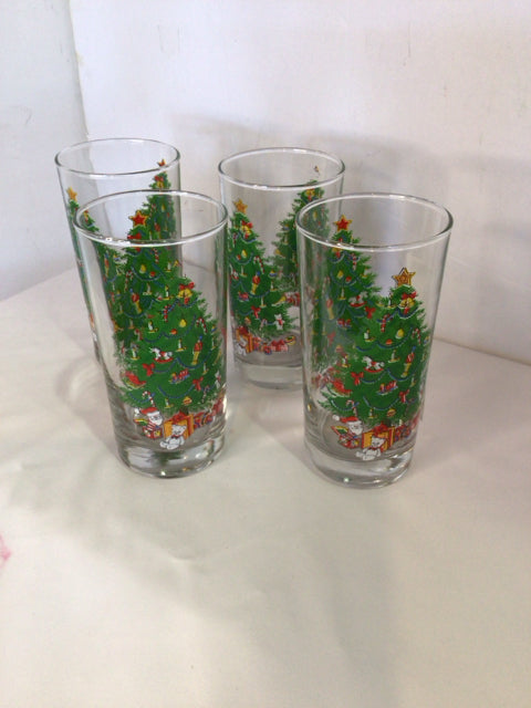 Anchor Hocking Glasses Clear/Green Glass Christmas Tree Set of 4 Holiday Item