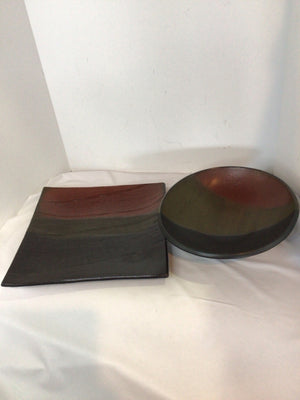 Decorative Brown/Blue Pottery Plate & Bowl