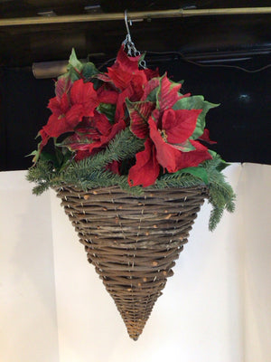 Hanging Brown/Red Wicker Planter Poinsettia Holiday Item