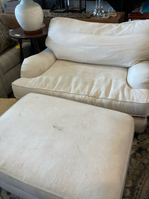 Restoration Hrd. Oversized Linen AS IS Down Cream Chair & Ottoman