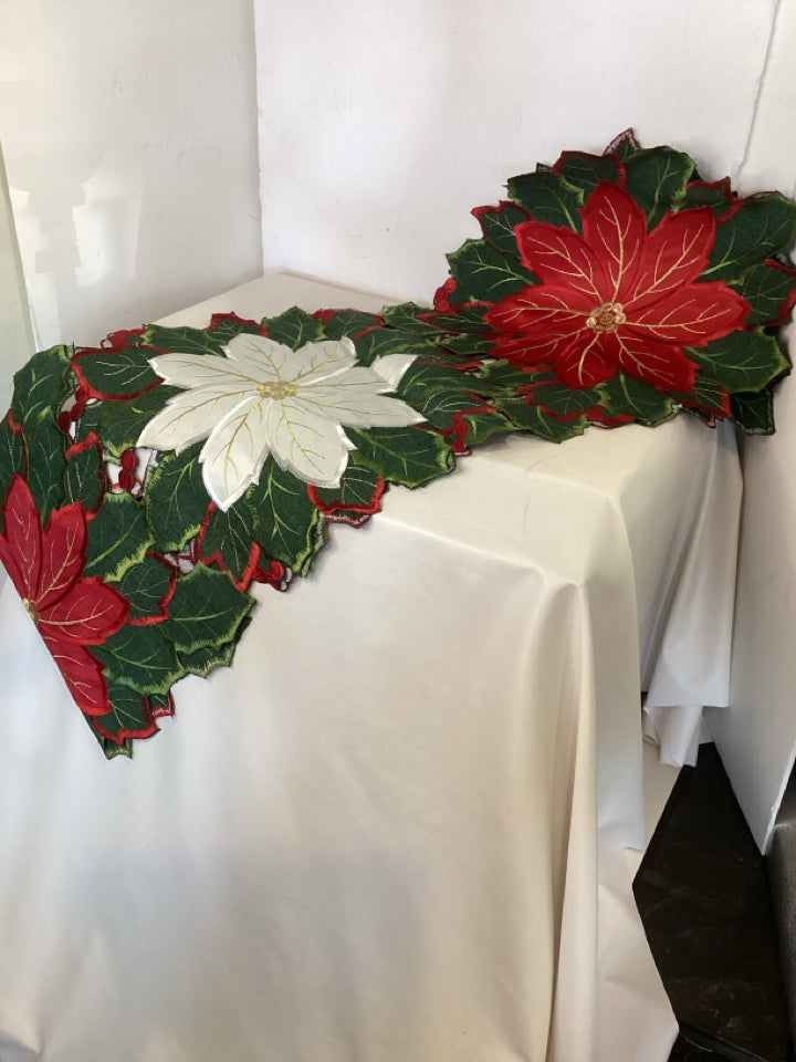 Table Runner Red/Green Polyester Poinsettia Holiday Item