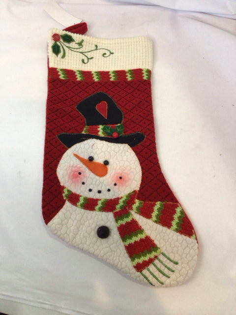 Stocking Red/white Fabric Snowman Holiday Item