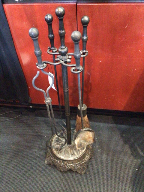 5 Piece Set Black On Stand Fireplace Tool