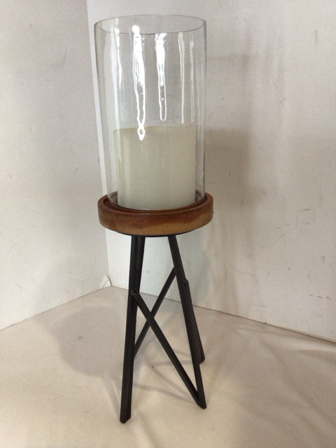 Brown/Clear Glass/Metal On Base Candle Holder