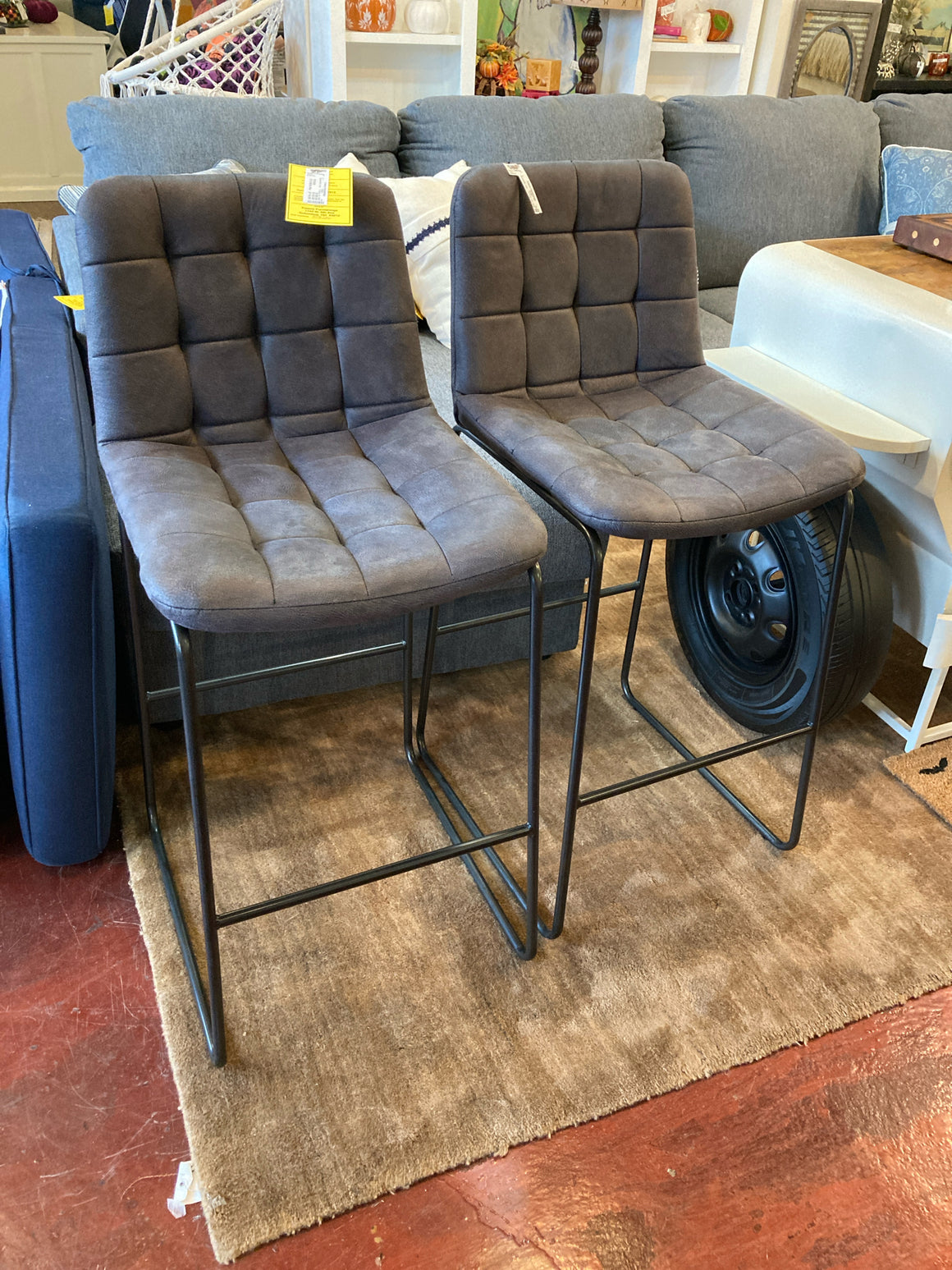 At home Pair Metal Base Upholstered Seat Gray Barstool/Bar Stool
