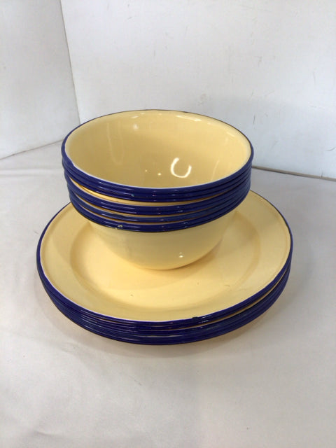 Pottery Barn Set of 8 Blue/Yellow Enamel Plate & Bowl