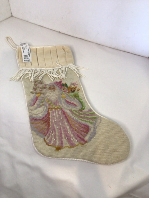 Cream/Pink Needlepoint Santa Stocking