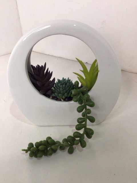 Green/White Ceramic Succulent In Planter Faux Plant